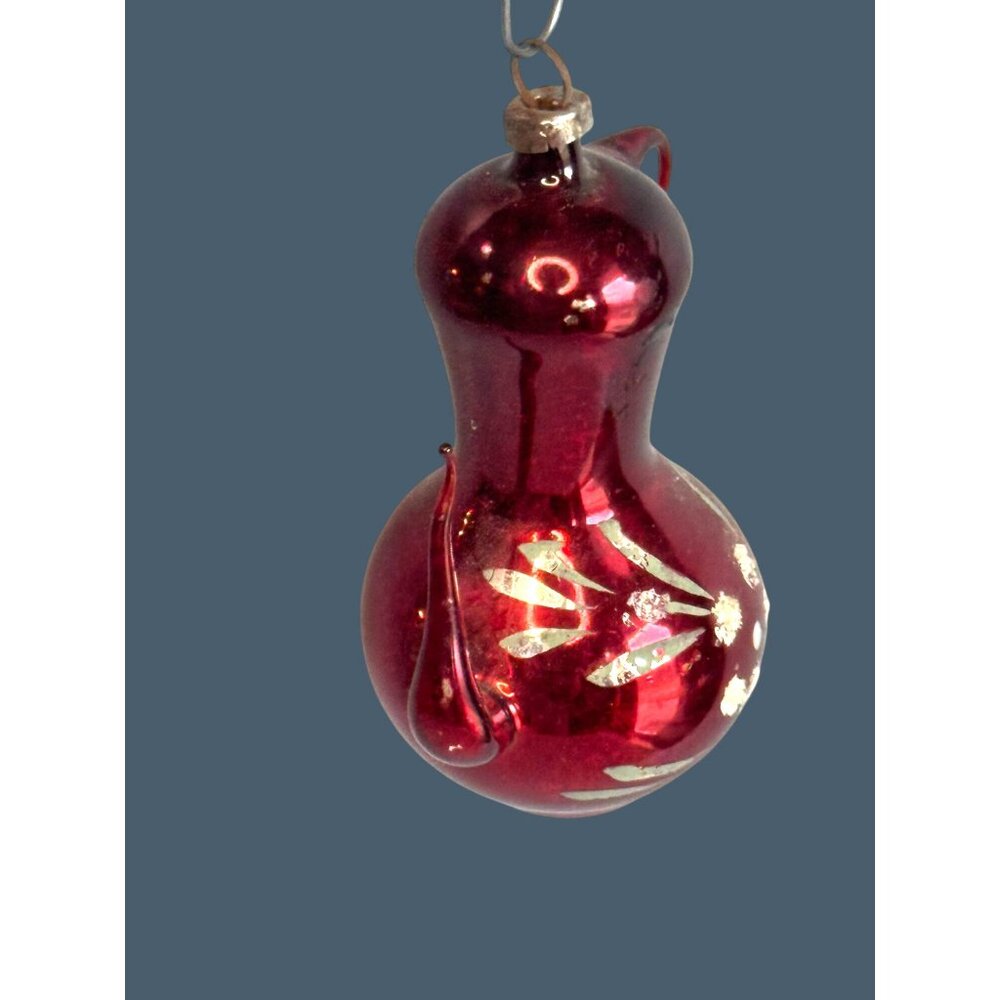 Antique Red Glass Pitcher Ornament Silver Mica Floral Applied Handle 3" - Picture 4 of 7